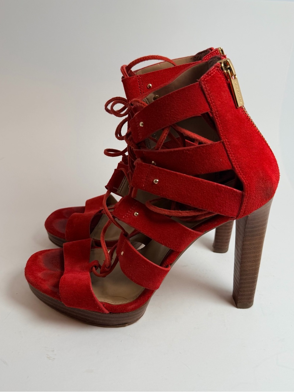 MICHAEL Michael Kors Red Suede Strappy Lace-Up High Heel Sandals